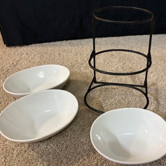 NEW "FOOD" PORCELAIN 3 TIER MULTIPLE SIZE WHITE BOWLS W/BLACK STAND. - Picture 2 of 4